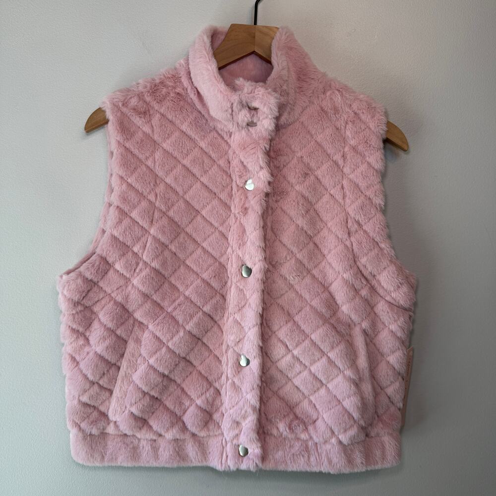 Crave Fame Women's Cozy Faux Fur Quilted Button Vest Pink Size Small